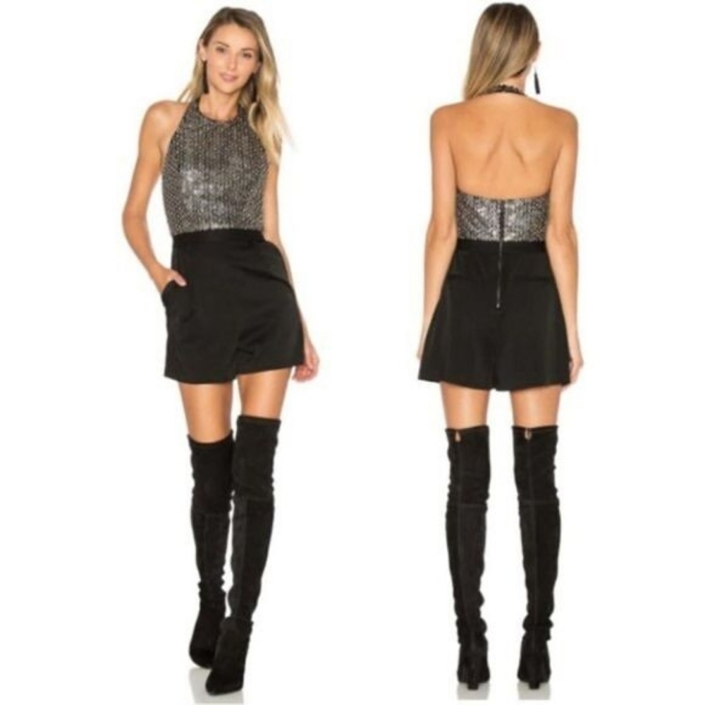 Alice + Olivia Black Antique Silver Sequin Nisha‎ Halter Romper Sz 4 Rhinestones